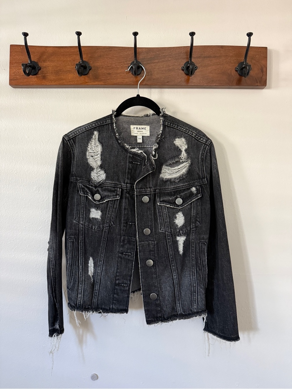 FRAME Denim Black Distressed Raw Hem Jean Jacket XS